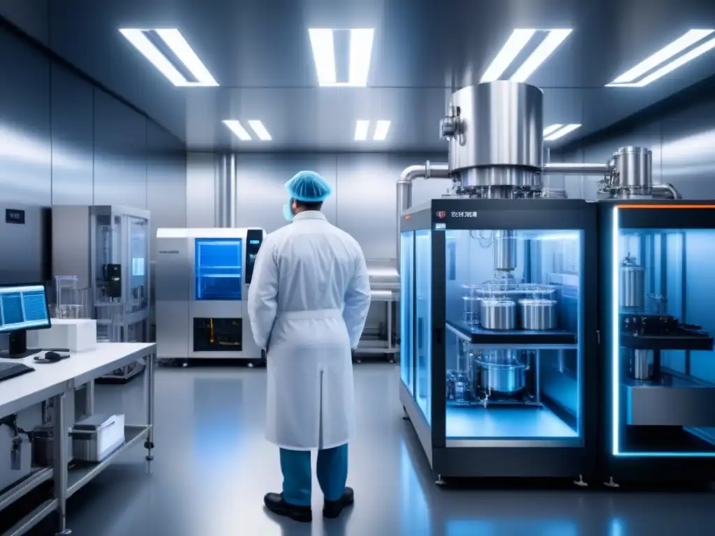 Una instalación de bioprocesamiento de última generación con diseño futurista y tecnología avanzada, destacando la eficiencia y precisión