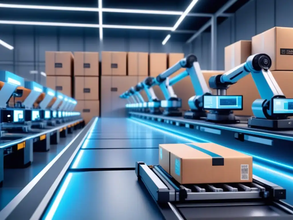 Una instalación de empaque futurista, coordinada por inteligencia artificial, resplandece en tonos azules