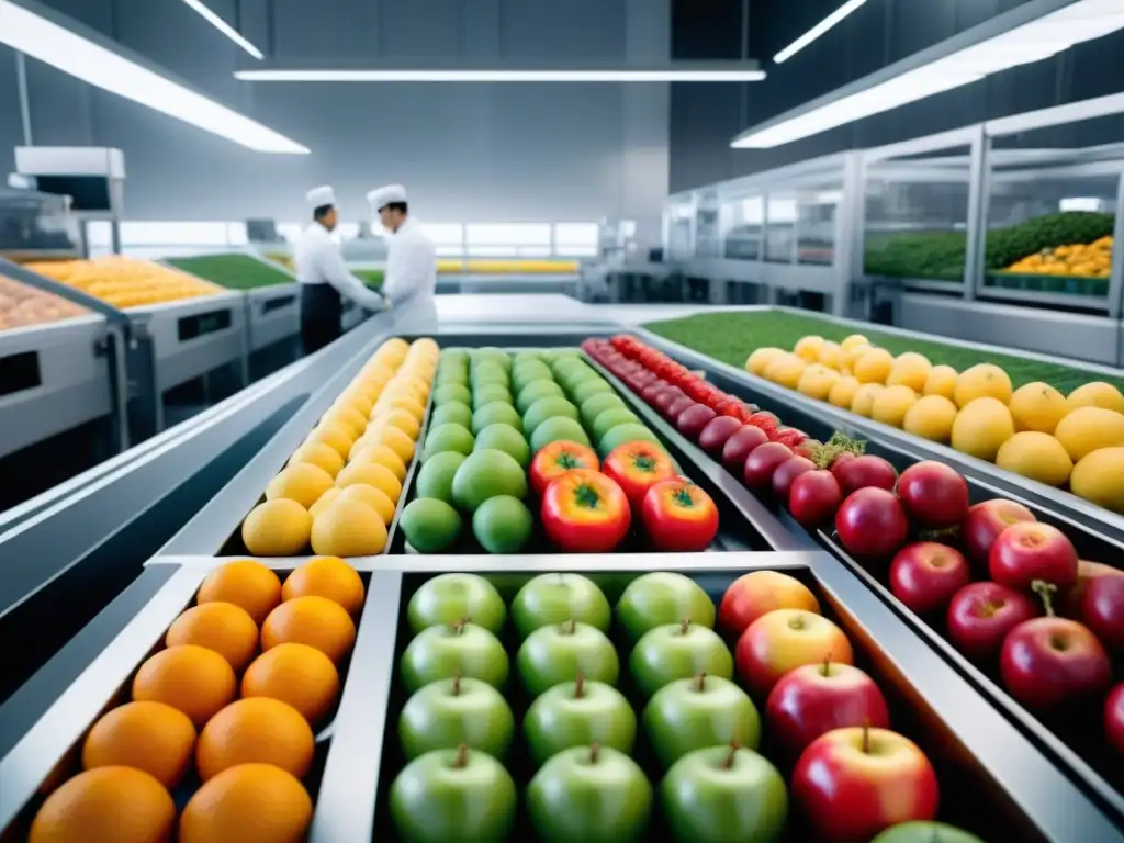 Instalación de empaque moderna y eficiente para alimentos frescos, con maquinaria avanzada y frutas y verduras vibrantes envasadas con precisión