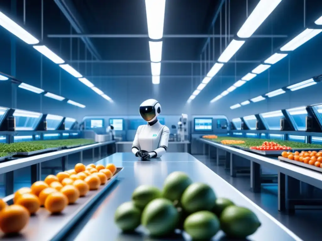 Una instalación futurista de producción alimentaria, donde la Inteligencia Artificial y robots avanzados trabajan en armonía con operadores humanos