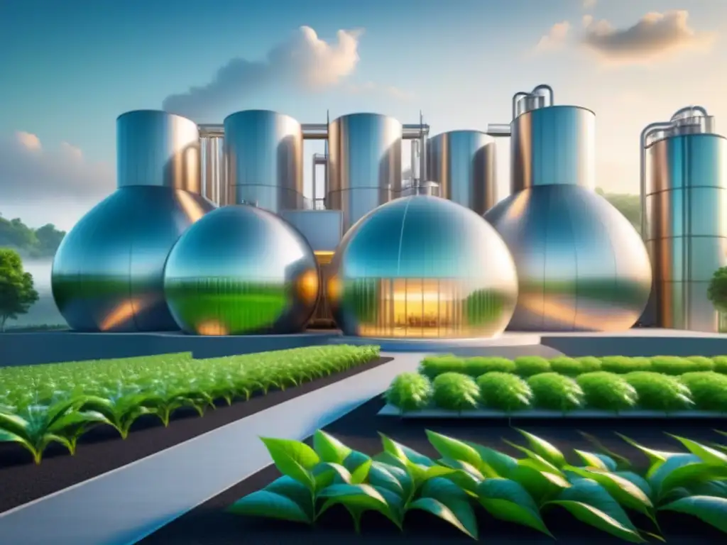 Una instalación futurista de biocombustibles tercera generación, rodeada de exuberante vegetación, simbolizando innovación y seguridad energética