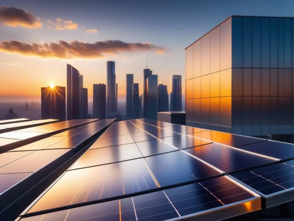 Una instalación futurista de paneles solares en un edificio urbano al atardecer, con un diseño impecable