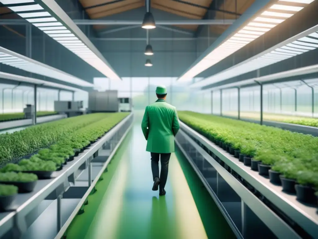 Una instalación futurista y sostenible para la producción de alimentos, con tecnologías limpias integradas en un entorno verde y eficiente