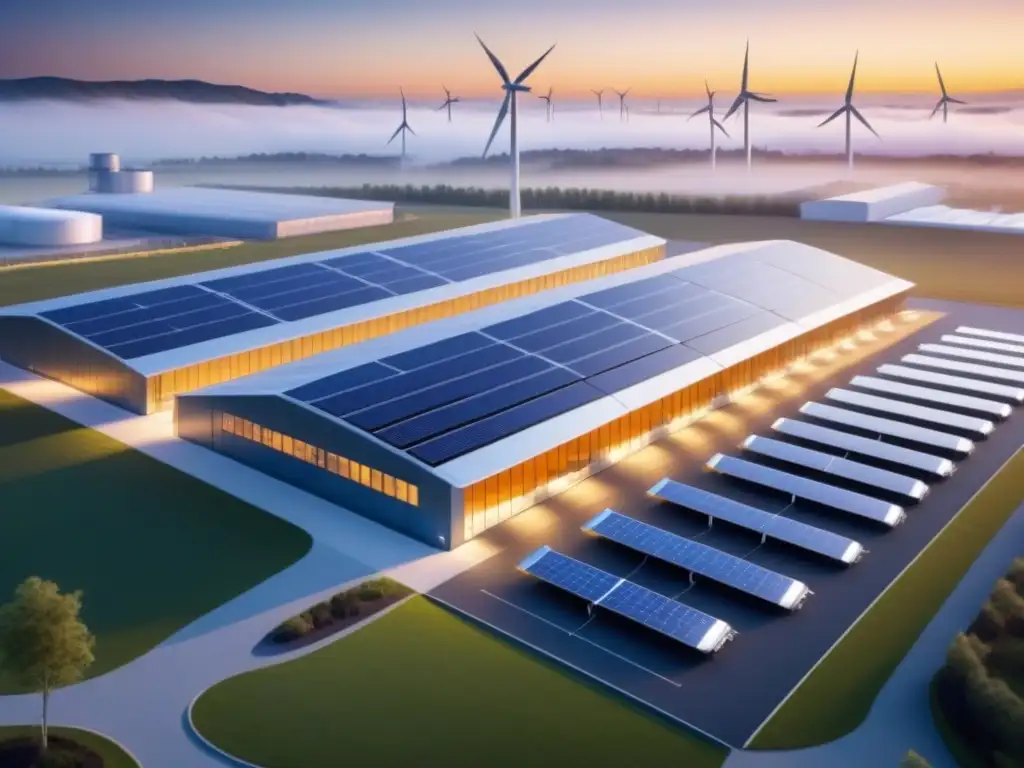 Una instalación industrial futurista alimentada por energías renovables, con integración de almacenamiento energético y diseño innovador