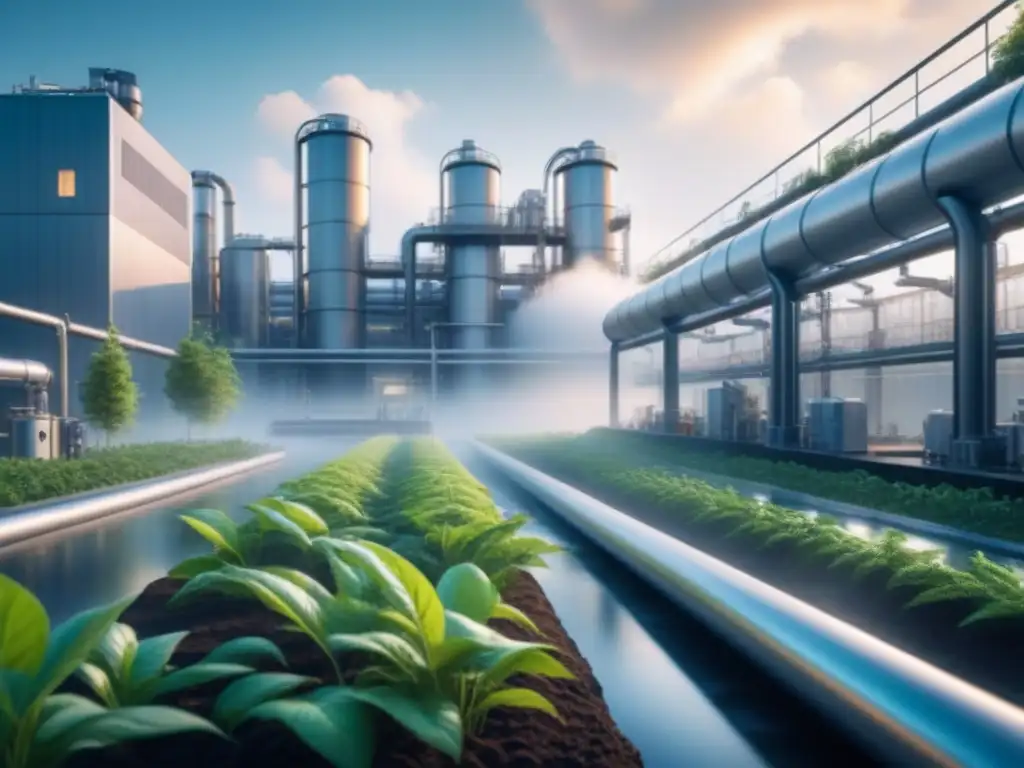 Una instalación de bioremediación industrial futurista integrada en un paisaje industrial, destacando técnicas de ingeniería genética avanzadas