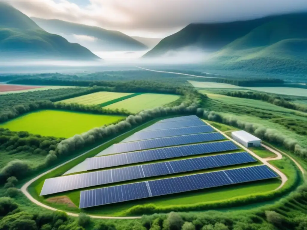 Una instalación minera sostenible rodeada de energía renovable y vegetación, mostrando alternativas en extracción minera sostenible