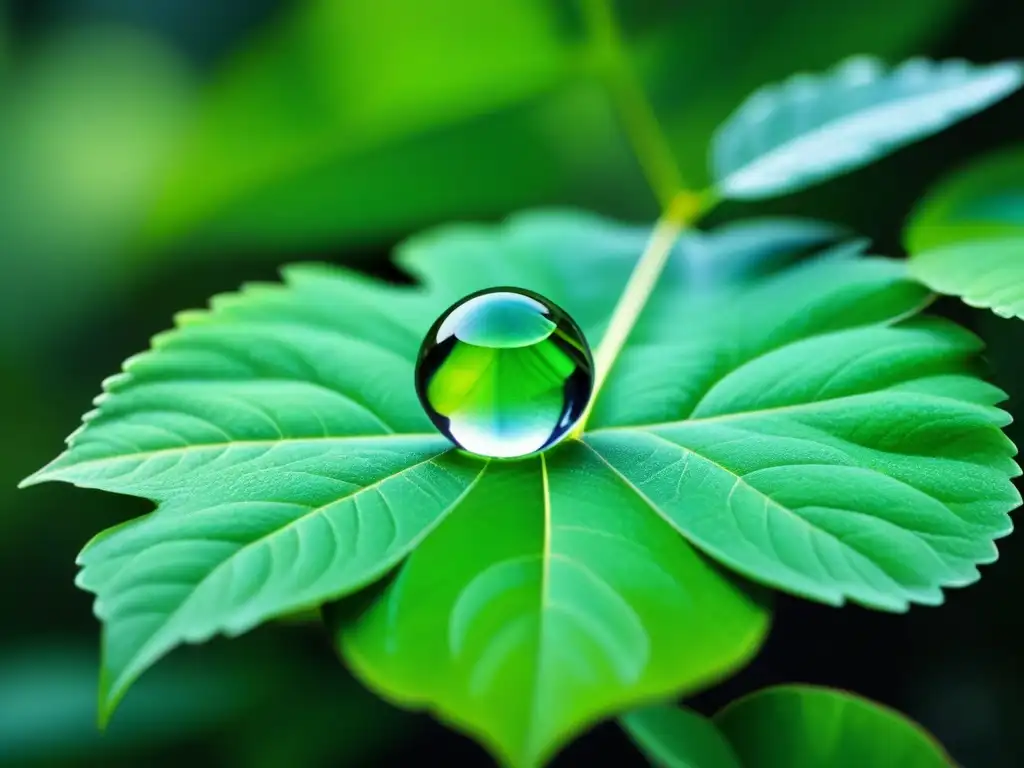 Un instante de serenidad y sostenibilidad: una gota de agua sobre una hoja verde, reflejando la naturaleza