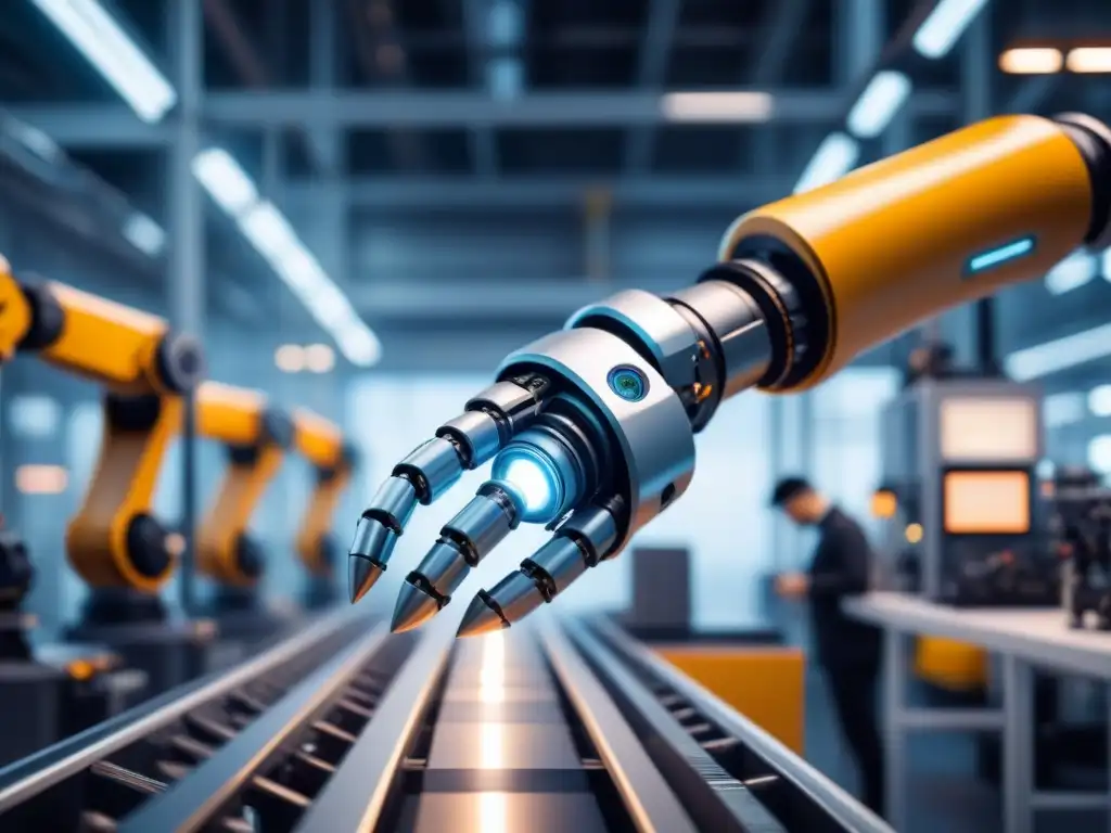 Una integración armónica entre inteligencia artificial y gestión innovación industrial, mostrando un brazo robótico y una mano humana colaborando en una línea de ensamblaje