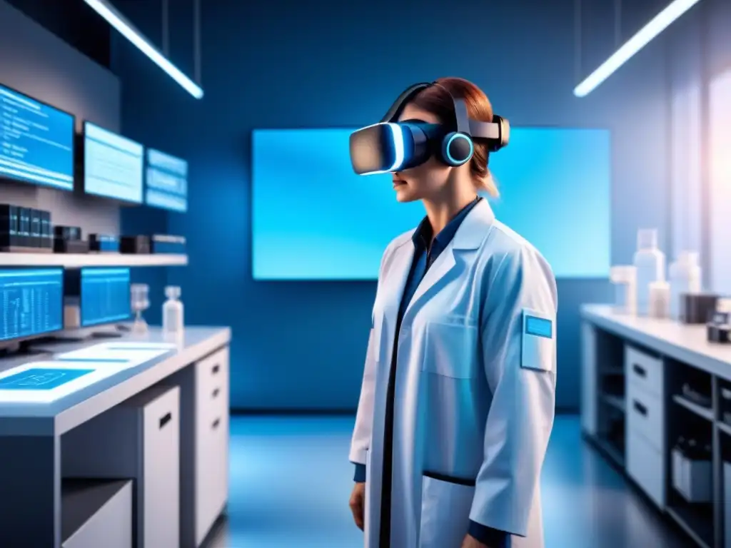 Integración futurista de auriculares de realidad virtual en laboratorio, mostrando la inteligencia artificial en farmacéutica