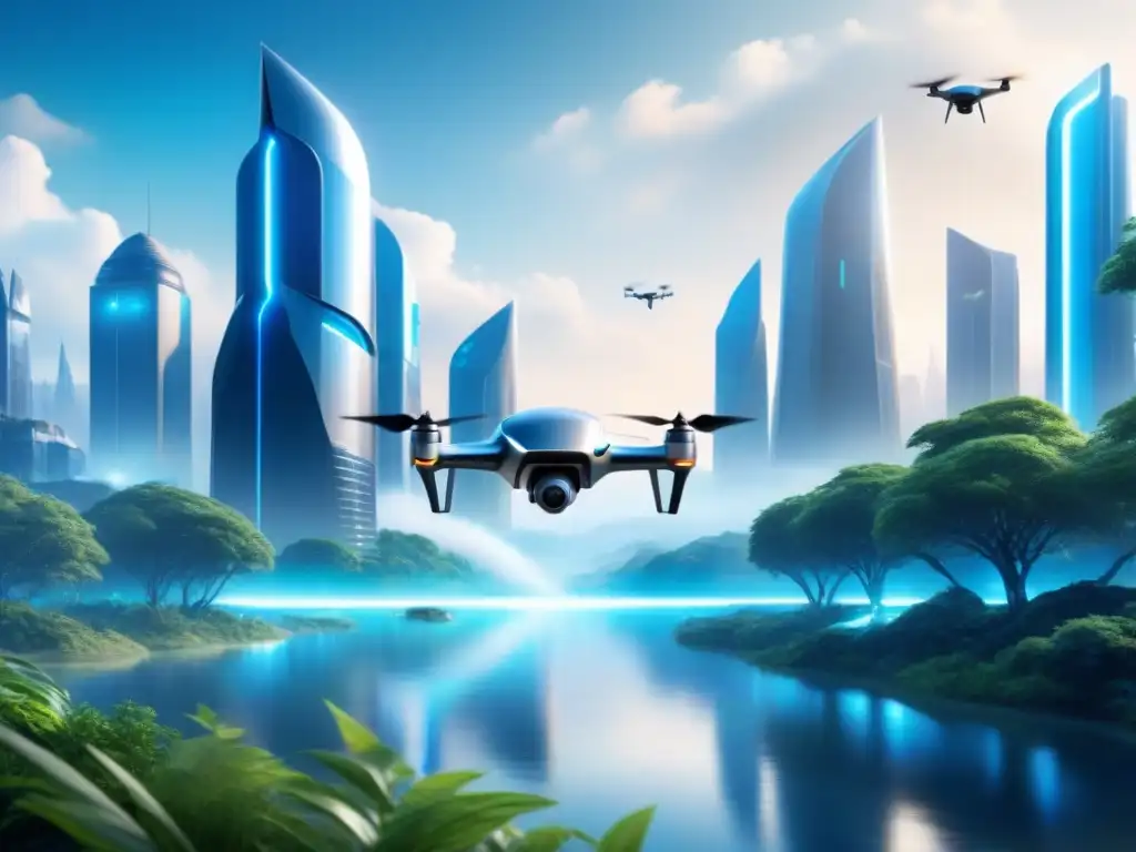 Inteligencia artificial evaluando riesgos ambientales en una ciudad futurista con drones elegantes y naturaleza exuberante