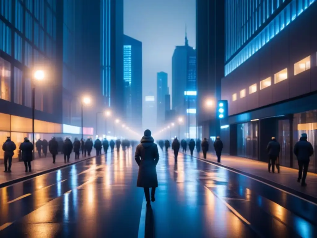 Iluminación inteligente en una ciudad nocturna de rascacielos, proyectando sombras geométricas en las calles desiertas