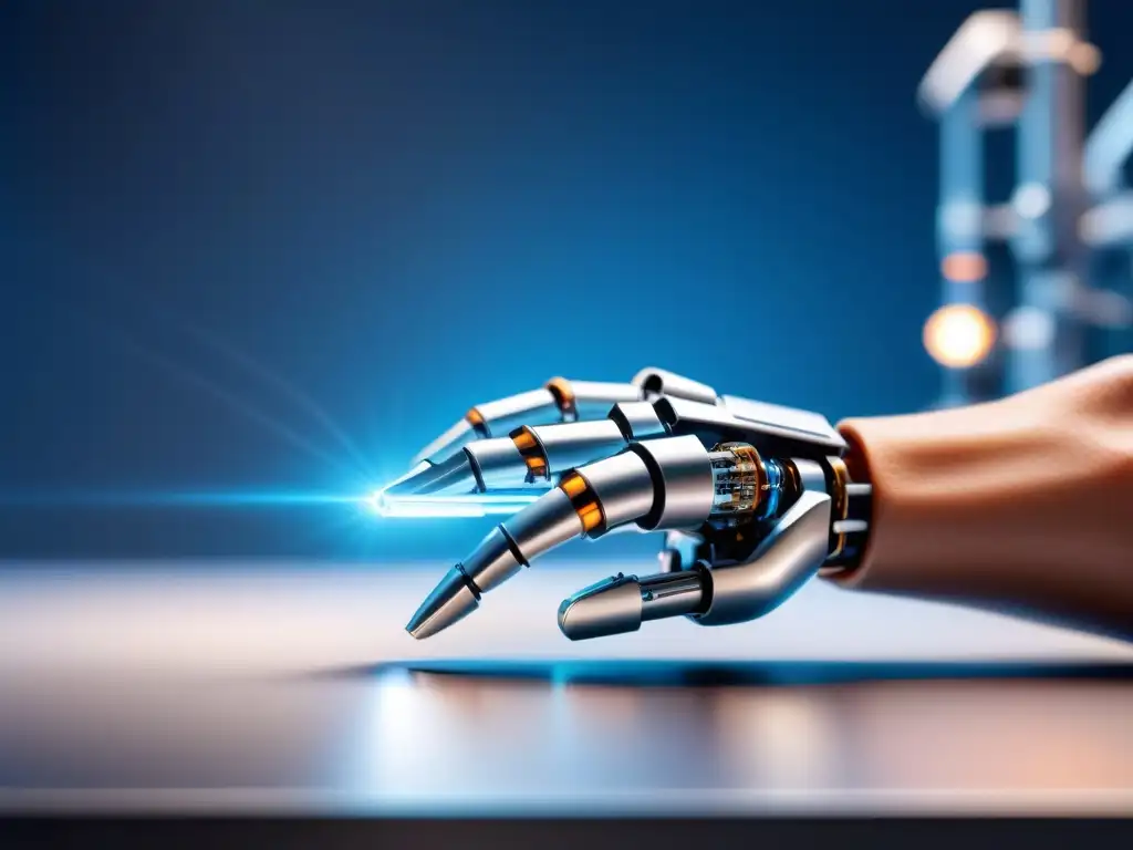 Colaboración en fabricación inteligente: mano humana guía nanorobot en ensamblaje microelectrónica futurista