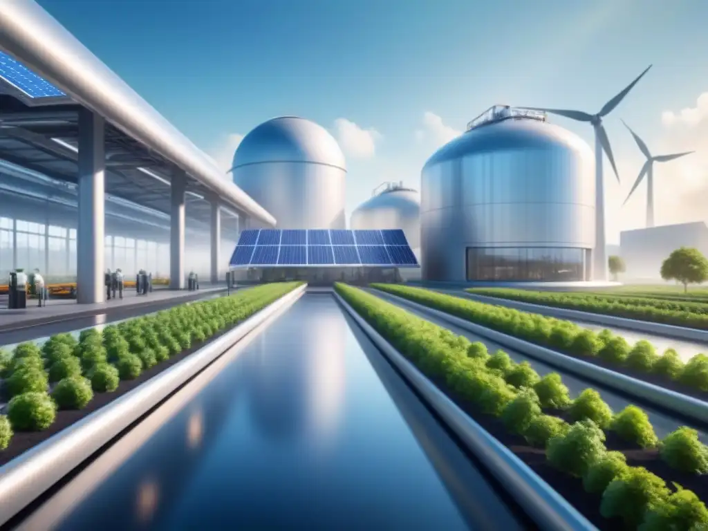 Fabrica inteligente futurista: tecnología verde y robots en armonía Fábrica inteligente sostenible con robots y energías renovables