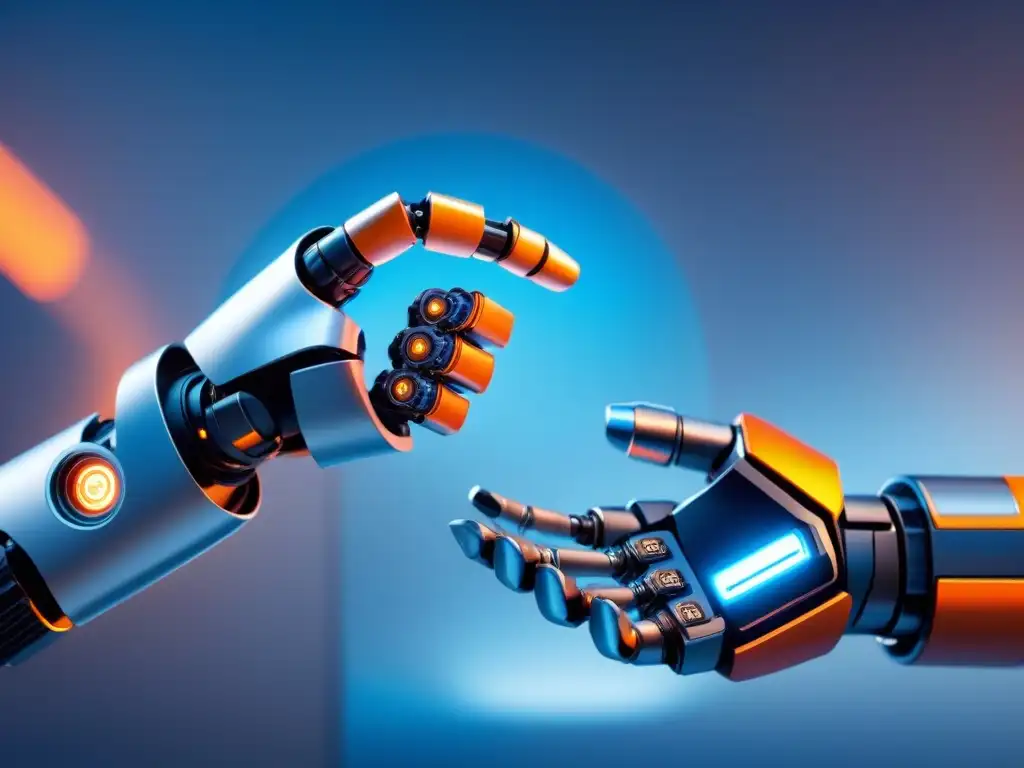 Simbiosis humano-robot: un apretón de manos futurista Interacción entre humano y robot en un apretón de manos, simbolizando la robótica colaborativa en seguridad laboral