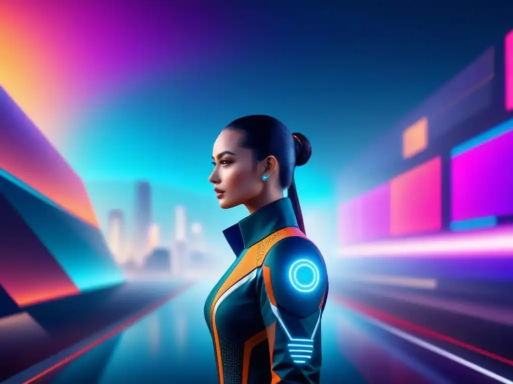 Un interface futurista de IA en análisis de clientes muestra patrones de datos y análisis en una mezcla de formas geométricas y colores vibrantes