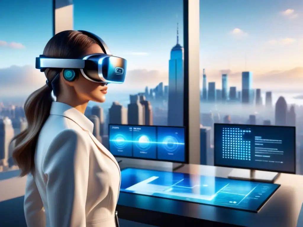 Implementación de interfaces de usuario en realidad mixta futurista en moderno espacio de oficina