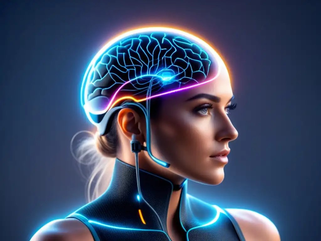 Interfaz cerebral futurista conectada a un cerebro humano, mostrando conexiones neuronales en diseño high-tech