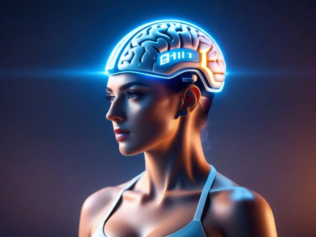 Una interfaz cerebromáquina avanzada fusionada con un cerebro humano, mostrando conexiones neuronales y tecnología futurista