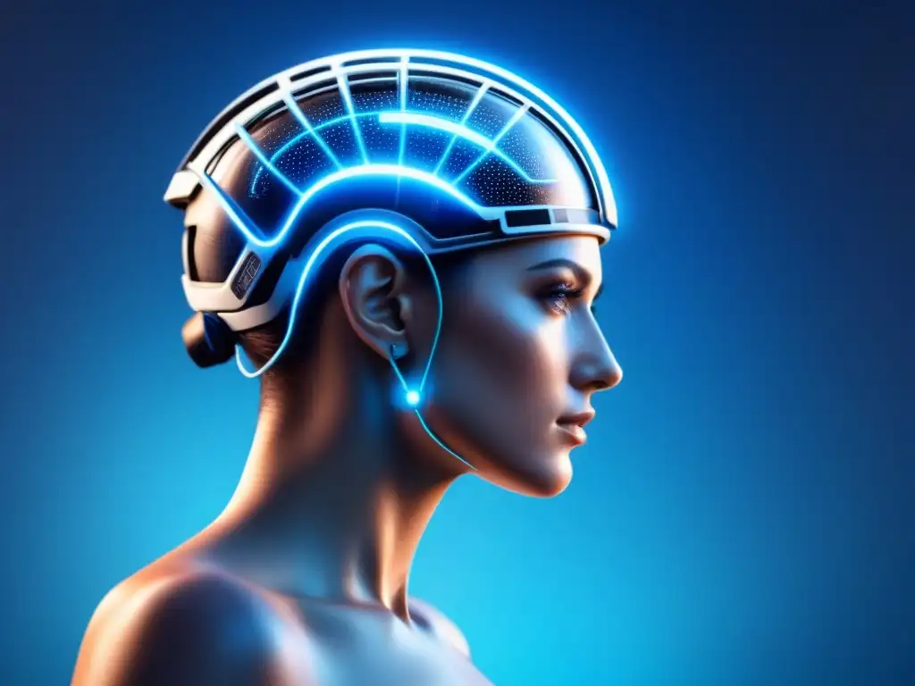 Interfaz cerebro-máquina para rehabilitación física con conexión neural y cuerpo digital en ambiente futurista azul y plateado