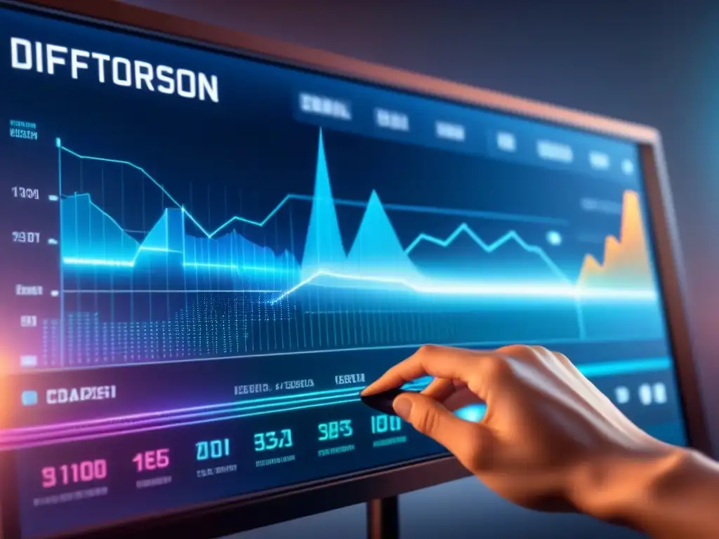 Interfaz digital futurista con gráficos y datos en colores y formas, transmitiendo decisiones basadas en datos