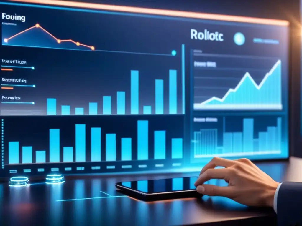 Interfaz digital futurista con gráficos de gestión de proyectos en azul, simbolizando decisiones basadas en datos