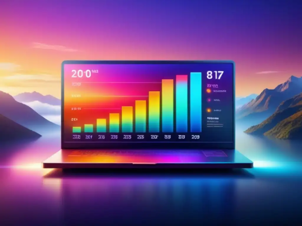 Una interfaz digital minimalista y elegante muestra datos de consumo energético con Big Data, gráficos futuristas y colores vibrantes