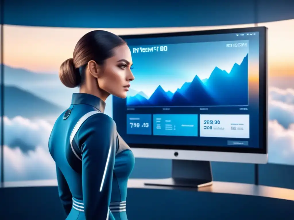 Interfaz futurista de ERP: datos detallados en azul y blanco Interfaz futurista de ERP adecuado para industria en azules y blancos, con visualización de datos detallada y diseño moderno