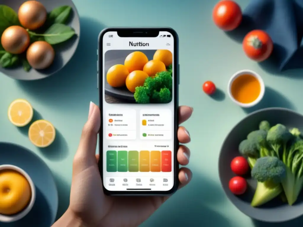 Una interfaz futurista de app de nutrición personalizada con opciones de alimentos y análisis detallado, tecnología alimentos personalizados nutrición