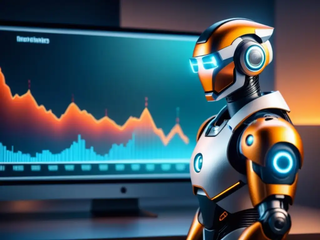 Una interfaz futurista de tecnología roboadvisors para inversión bancaria, con gráficos complejos y un asesor digital guiando a inversores diversos