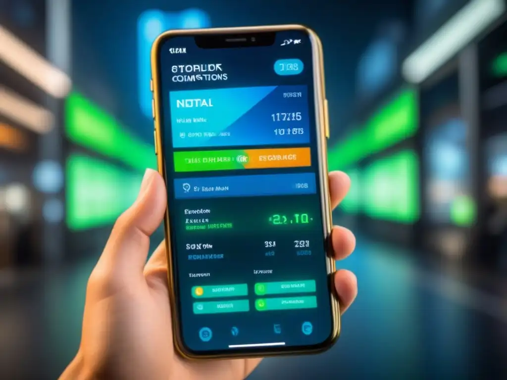 Interfaz futurista de billetera digital con criptomonedas y datos de mercado en tiempo real, iluminada por tonos azul y verde neón en fondo oscuro