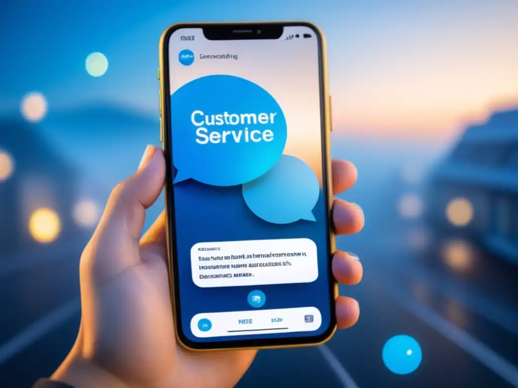 Interfaz futurista de chatbot en smartphone, representando la automatización IA en servicio al cliente