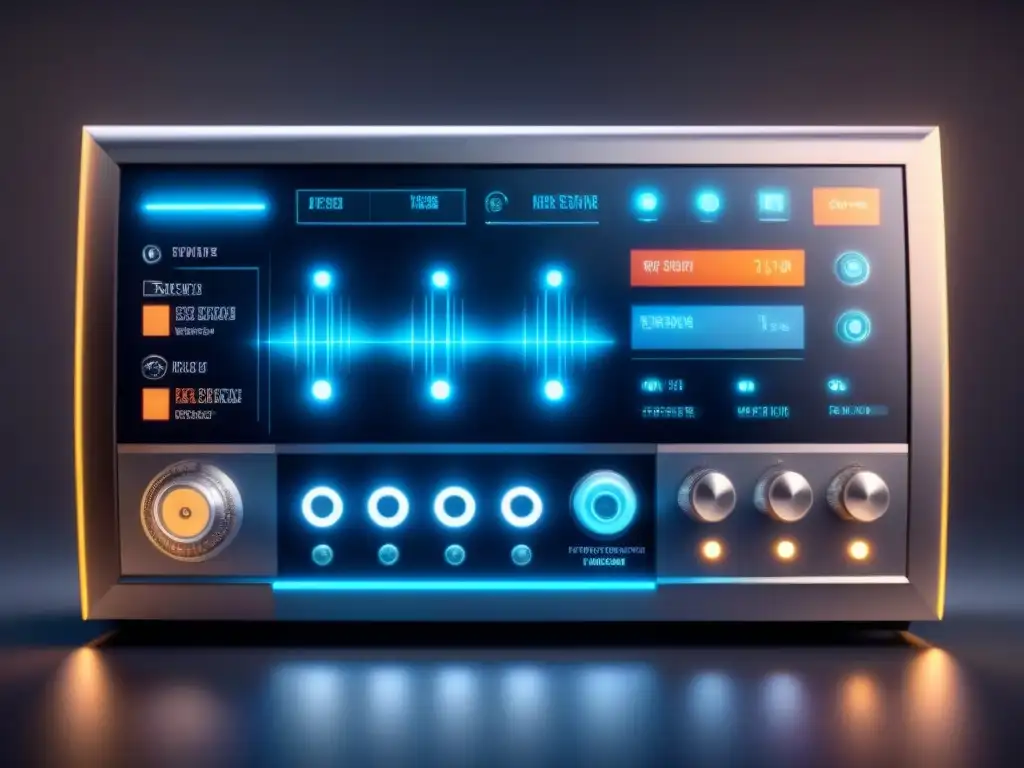 Interfaz futurista de control con software tecnológico, circuitos brillantes y diseño minimalista en sistemas avanzados