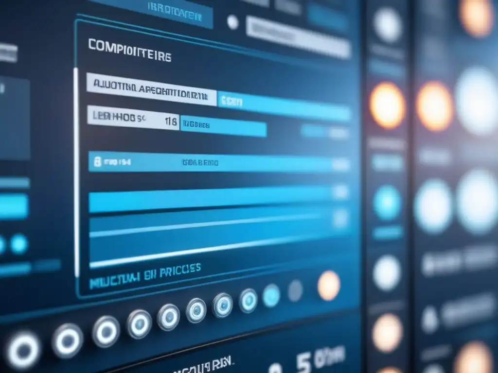 Una interfaz futurista y detallada con procesos de automatización, nodos interconectados y algoritmos avanzados en tonos azules y grises metálicos