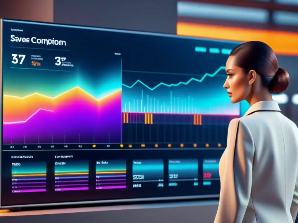 Interfaz futurista de gestión energética industrial 2023 con gráficos vibrantes y datos en tiempo real en pantalla de alta resolución