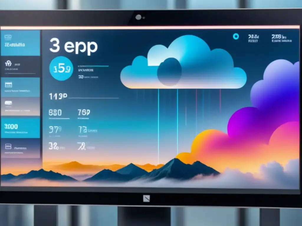 Interfaz futurista de gestión industrial con ERP en la nube en pantalla de alta resolución, en tonos azules y grises