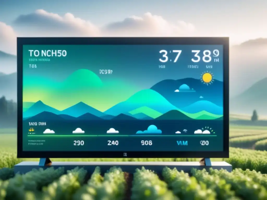 Interfaz futurista de predicción meteorológica con Inteligencia Artificial en pantalla digital