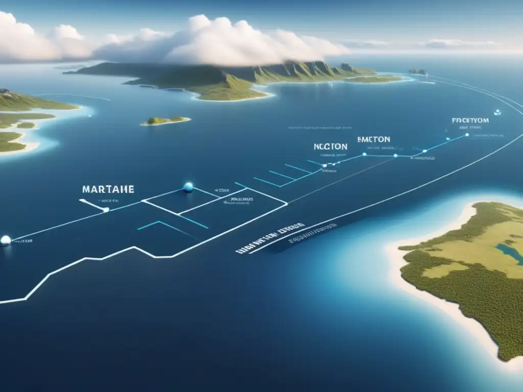 Una interfaz futurista y minimalista de software avanzado para rutas marítimas eficientes en un mapa digital, con líneas limpias y colores serenos