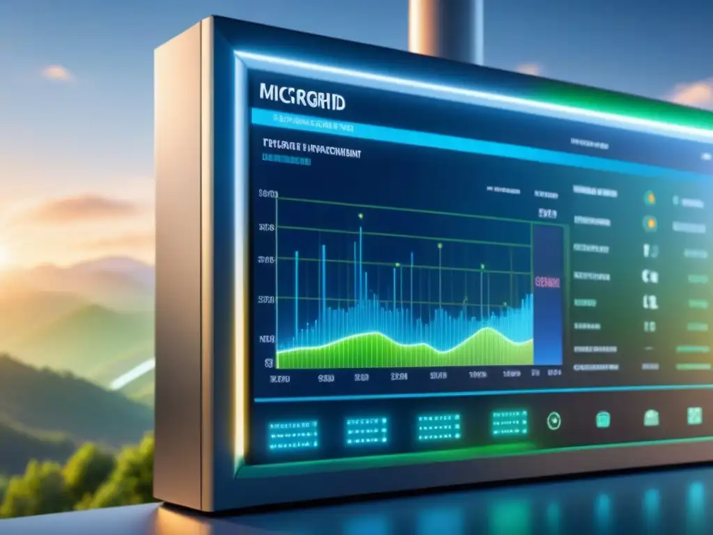 Interfaz futurista de gestión de microredes con IA en pantalla de alta resolución