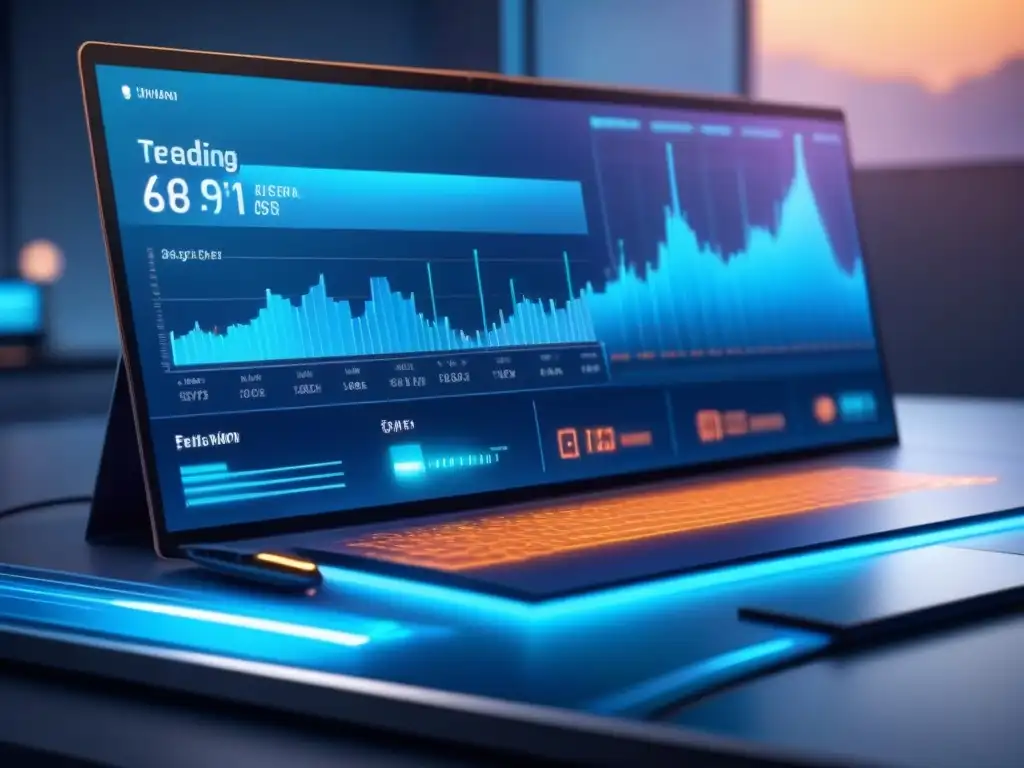 Interfaz futurista de software de automatización en evolución con gráficos dinámicos en azules y metálicos