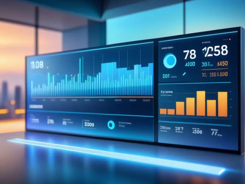 Interfaz futurista de software gestión proyectos impacto financiero en pantalla holográfica con gráficos detallados en tonos azules y plateados