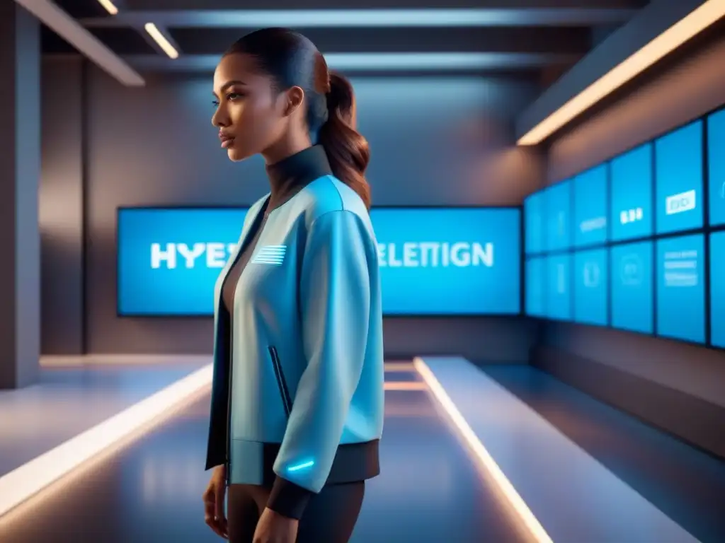 Interfaz holográfica futurista en entorno real, diseño innovador en azul Una interfaz holográfica futurista y elegante integrada en un entorno real, con elementos virtuales y físicos en perfecta armonía
