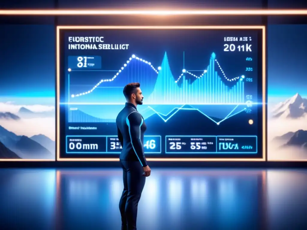 Interfaz de IA futurista muestra análisis de clientes con gráficos y datos detallados en azul y blanco
