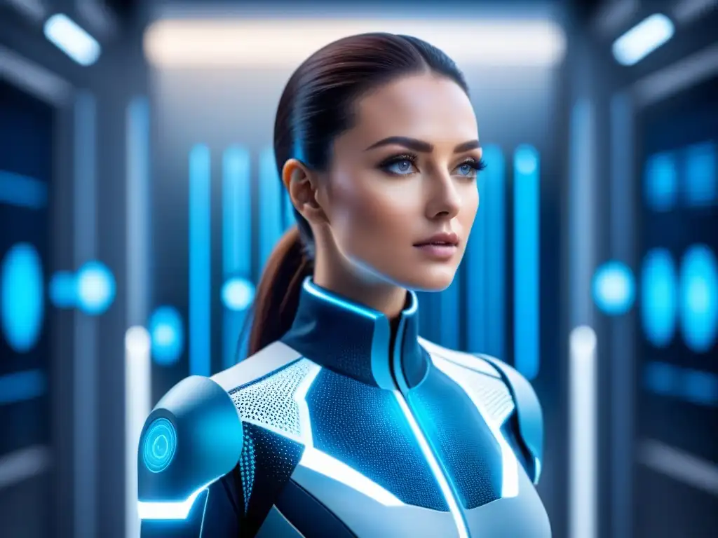Una interfaz de inteligencia artificial futurista muestra análisis detallado de clientes con IA, en tonos azules y blancos