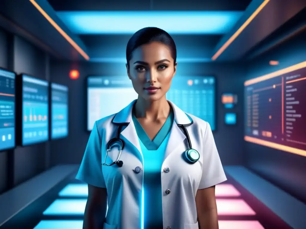 Una interfaz médica futurista muestra personalización tratamiento médico IA con gráficos coloridos y algoritmos de IA integrados