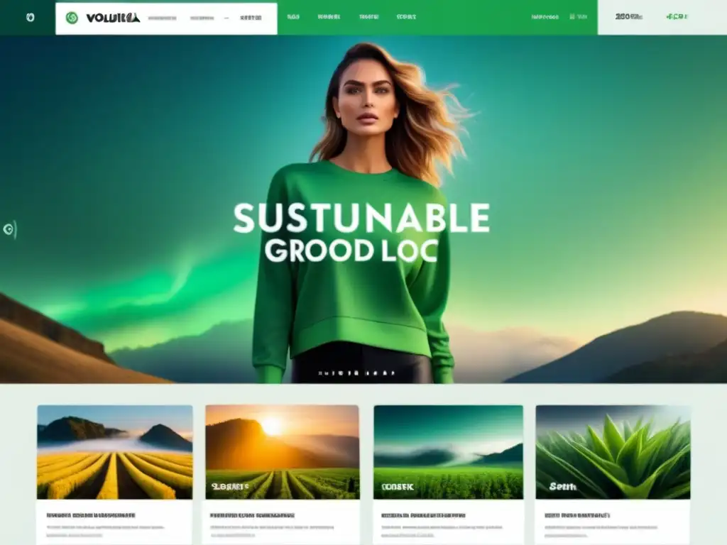 Interfaz de mercado online futurista mostrando productos sostenibles como ropa ecológica y artículos reutilizables