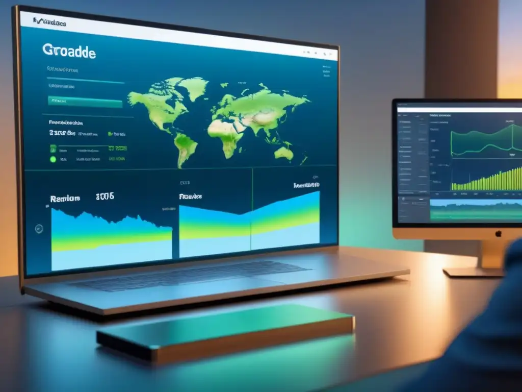 Interfaz moderna de software GIS con nuevas características, diseño minimalista en azules y verdes