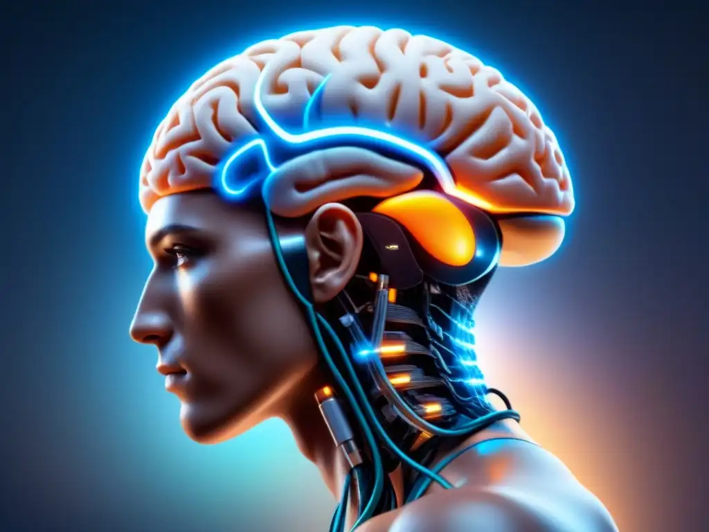 Una interfaz neural futurista integrada en un cerebro humano, mostrando conexiones y datos brillantes