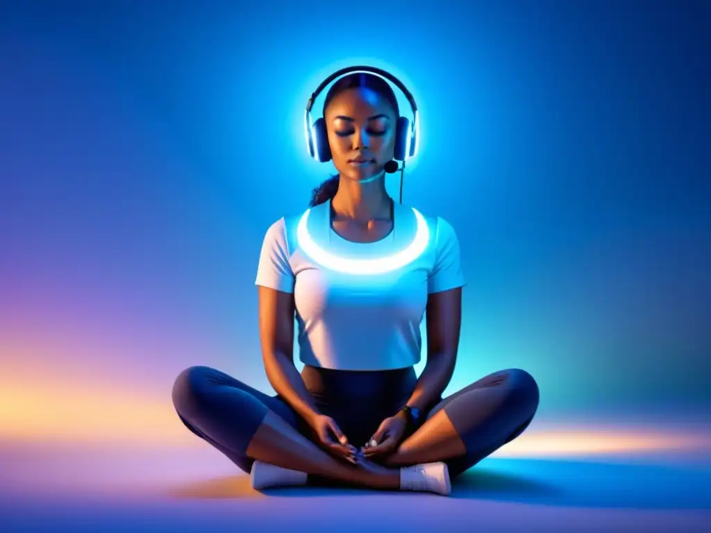 Meditación con interfaz neuronal futurista en ambiente sereno
