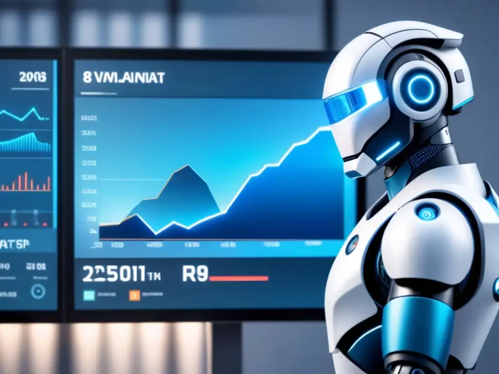 Interfaz de roboadvisor futurista con gráficos financieros en pantalla digital, colores modernos