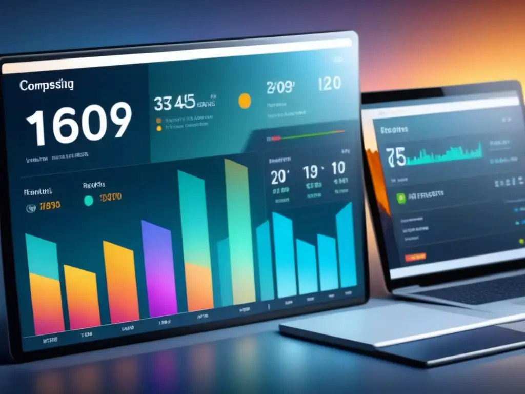 Interfaz ERP moderna y detallada: eficiencia y sofisticación Interfaz de software ERP adecuado para industria: visualización de datos detallada con colores vibrantes y gráficos sofisticados